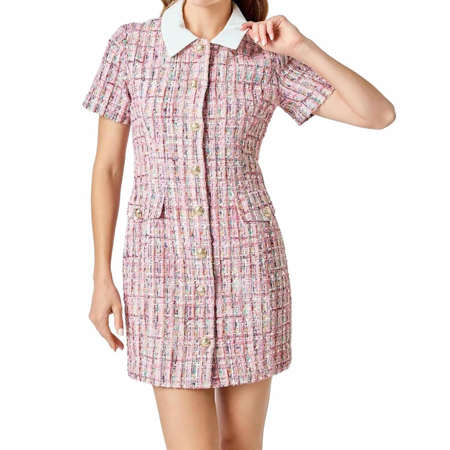 New Endless Rose Tweed Short Sleeve Dress In Pink